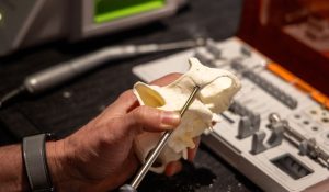 An attendee places a zygomatic implant in a dry hands-on model.
